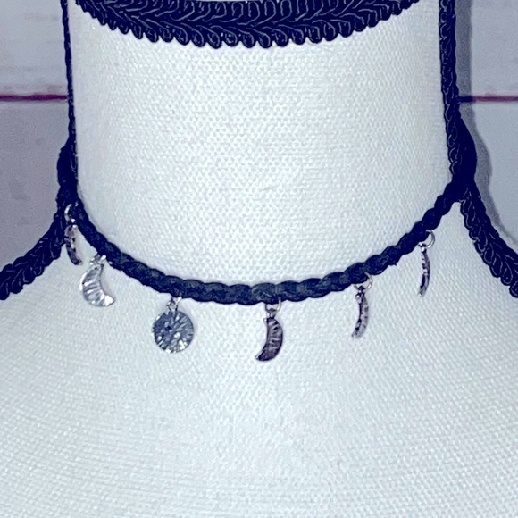 Jewelry - Black faux leather braided choker chain with silver moons - boho -